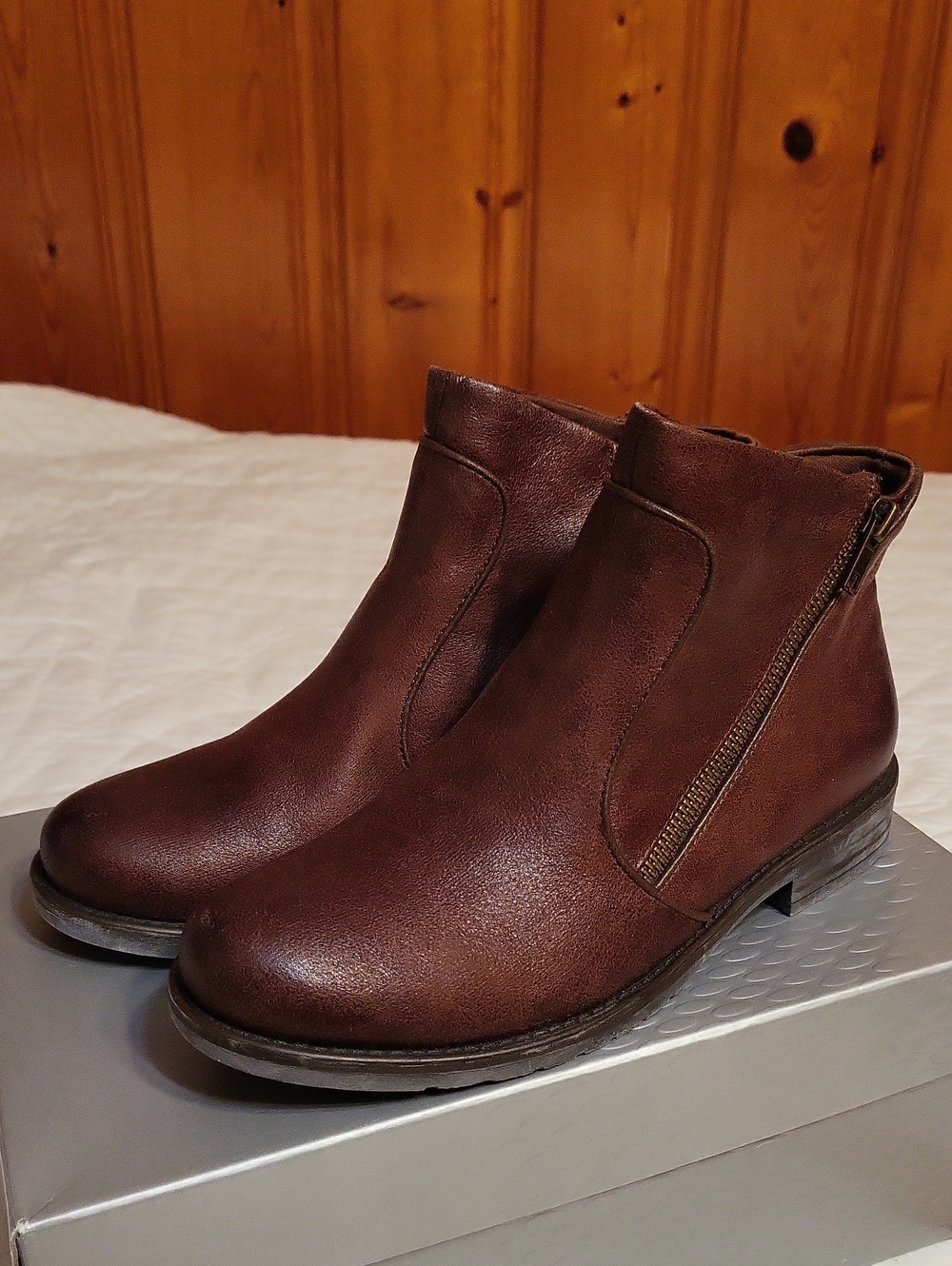 BareTraps Brown Leather-Look Side-Zip Ankle Boots